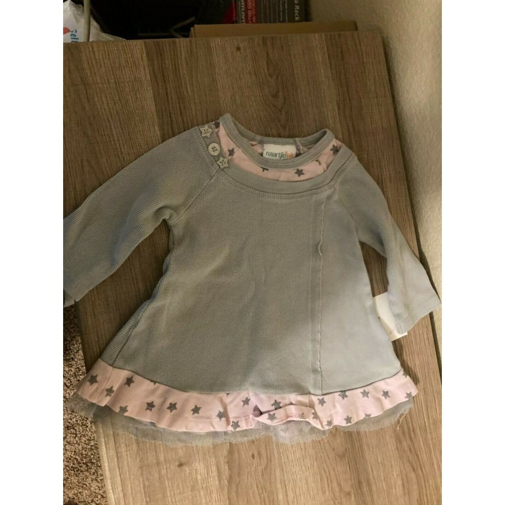 Naartjie Cotton Gray and Pink Ruffled Skirt Dress 6-12 Months Star Print